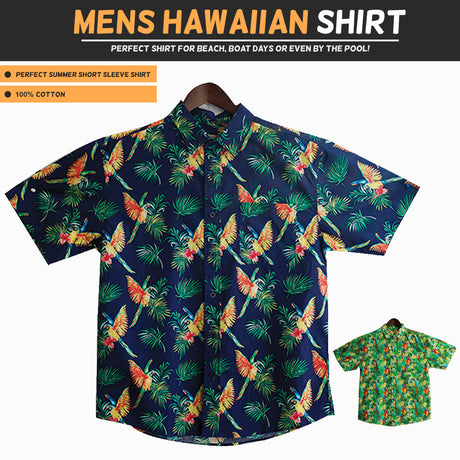 Mens HAWAIIAN SHIRT 100% Cotton Beach Tropical Summer Top - Navy