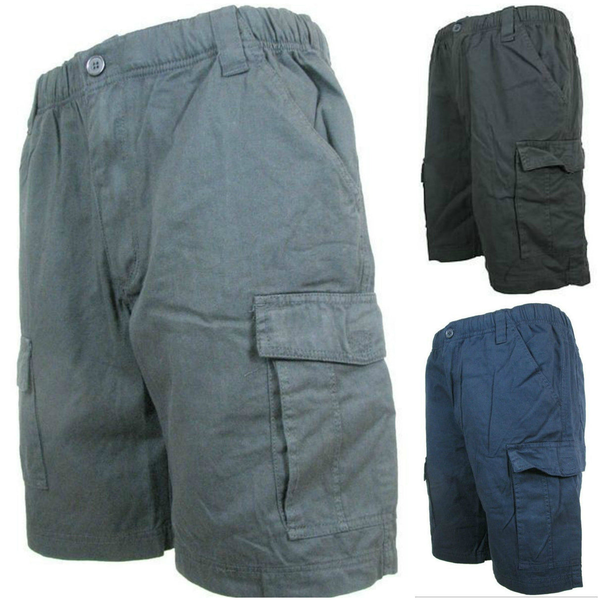 CARGO SHORTS Elastic Waist 100% COTTON Army Military PLAIN Pocket Mens S-XXL