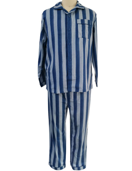 Mens FLANNELETTE PYJAMA Set Sleepwear Soft 100% Cotton PJs Two Piece Pajamas - Blue Ice Stripe