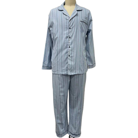 Mens FLANNELETTE PYJAMA Set Sleepwear Soft 100% Cotton PJs Two Piece Pajamas  - Light Blue Stripe