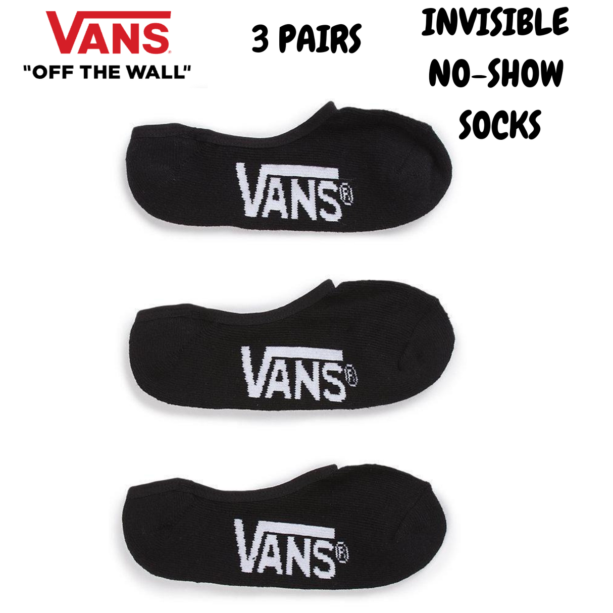 VANS Mens 3pk No Show Socks Invisible Skateboard Sox Sports - Black