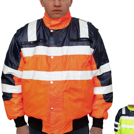 3-in-1 Hi Vis Quilted Safety Bomber Jacket Waterproof Reflective Workwear - Orange/Navy