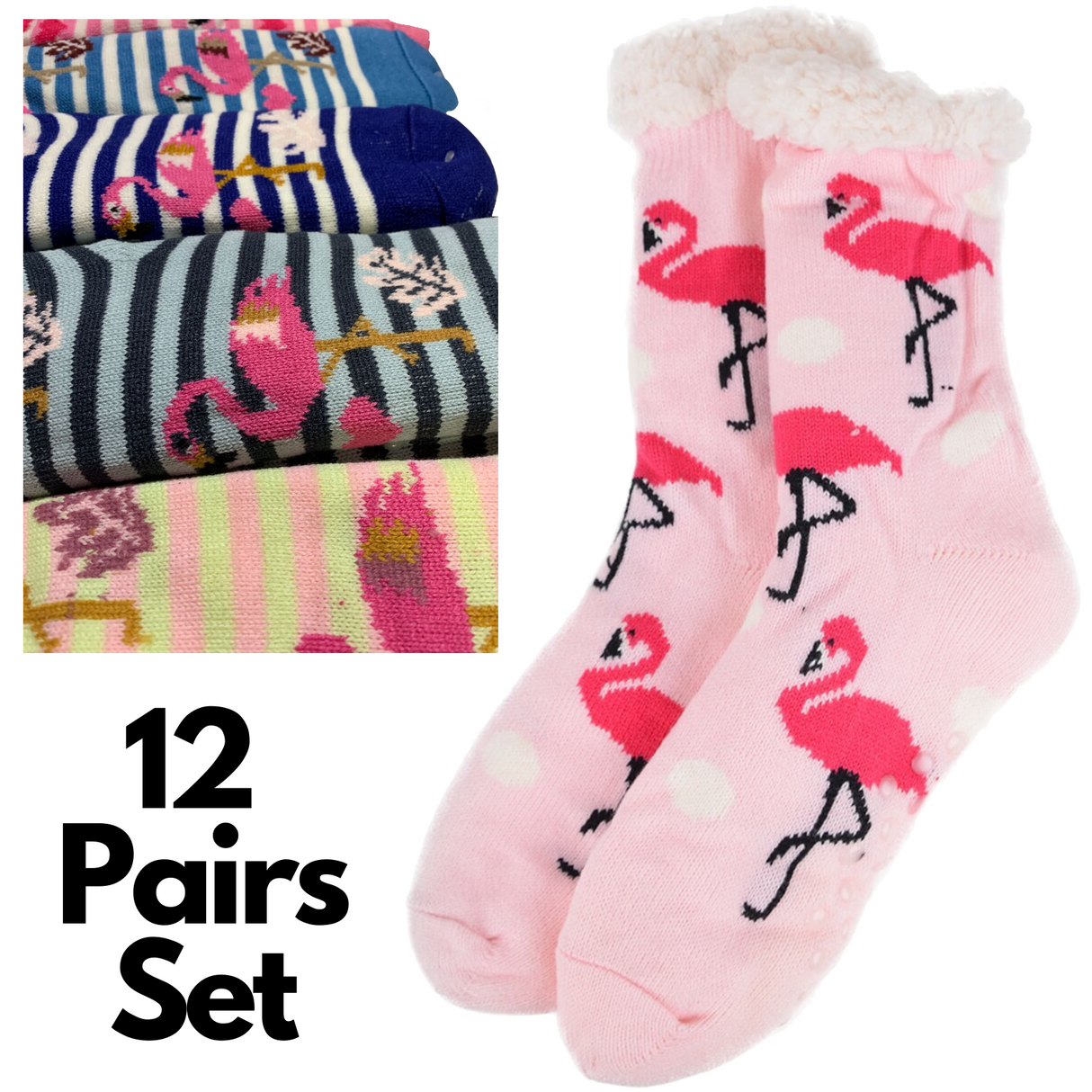 12 Pairs Ladies Thick Fur Bed Socks Womens Sherpa Fluffy Non Slip - Flamingo