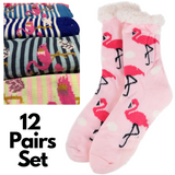 12 Pairs Ladies Thick Fur Bed Socks Womens Sherpa Fluffy Non Slip - Flamingo