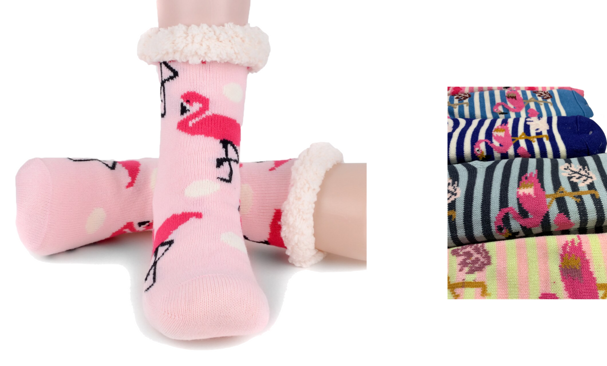 1 Pair Ladies Thick Fur Bed Socks Womens Sherpa Fluffy Non Slip - Flamingo