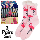 3 Pairs Ladies Thick Fur Bed Socks Womens Sherpa Fluffy Non Slip - Flamingo