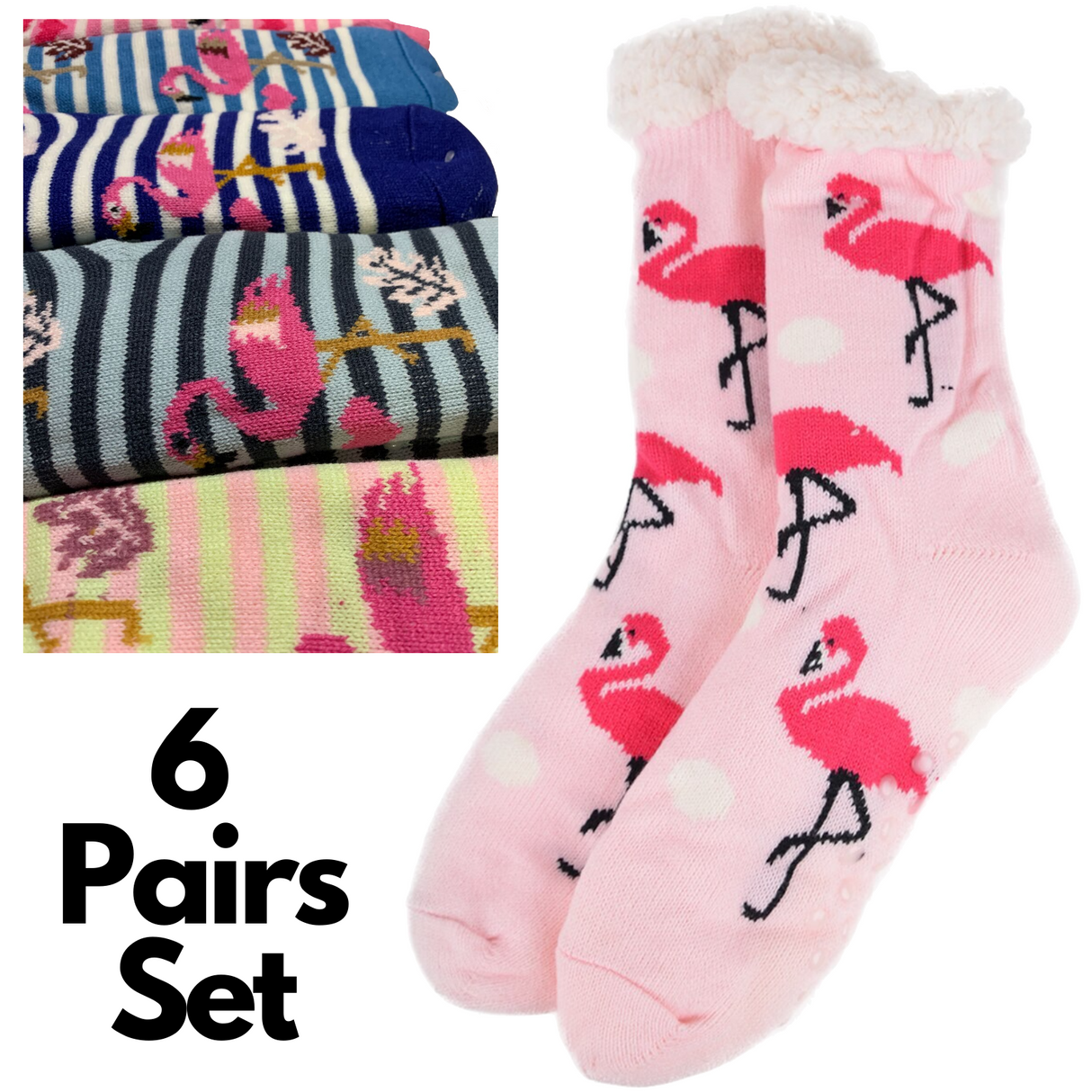 6 Pairs Ladies Thick Fur Bed Socks Womens Sherpa Fluffy Non Slip - Flamingo