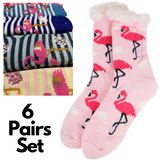 6 Pairs Ladies Thick Fur Bed Socks Womens Sherpa Fluffy Non Slip - Flamingo