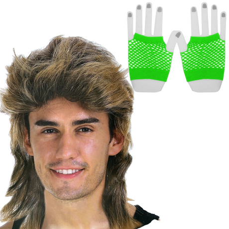 2Pcs Set Golden Blonde Bullet Wig + Fishnet Gloves 70s 80s Womens Costume Party - FLUROGREEN