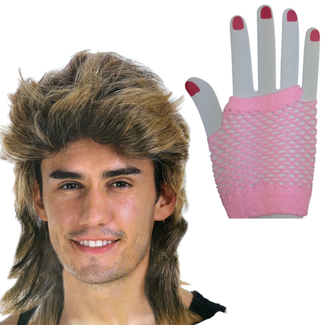 2Pcs Set Golden Blonde Bullet Wig + Fishnet Gloves 70s 80s Womens Costume Party - LIGHTPINK