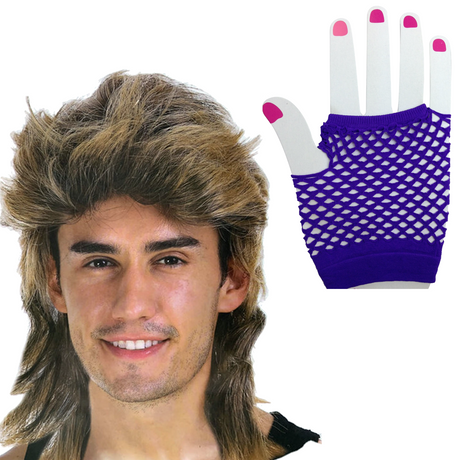 2Pcs Set Golden Blonde Bullet Wig + Fishnet Gloves 70s 80s Womens Costume Party - Purple