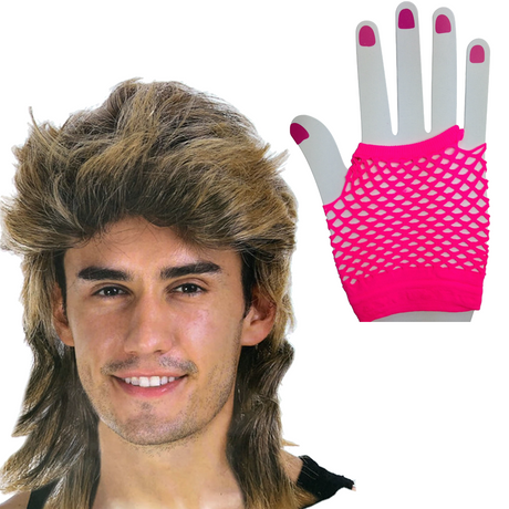 2Pcs Set Golden Blonde Bullet Wig + Fishnet Gloves 70s 80s Womens Costume Party - HOTPINK