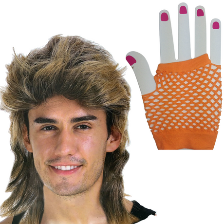 2Pcs Set Golden Blonde Bullet Wig + Fishnet Gloves 70s 80s Womens Costume Party - Orange