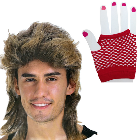 2Pcs Set Golden Blonde Bullet Wig + Fishnet Gloves 70s 80s Womens Costume Party - Red