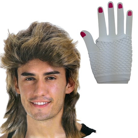 2Pcs Set Golden Blonde Bullet Wig + Fishnet Gloves 70s 80s Womens Costume Party - White