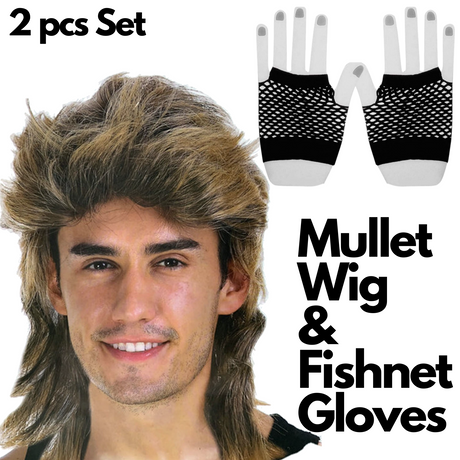 2Pcs Set Golden Blonde Bullet Wig + Fishnet Gloves 70s 80s Womens Costume Party - Blue