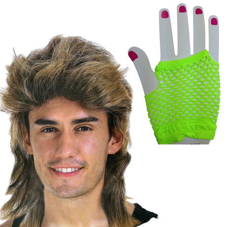 2Pcs Set Golden Blonde Bullet Wig + Fishnet Gloves 70s 80s Womens Costume Party - FLUROYELLOW