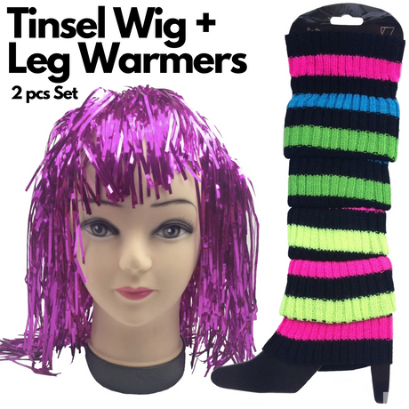 2Pcs Set Tinsel Metallic Wig + Rainbow Leg Warmers 70s Disco Costume Accessories