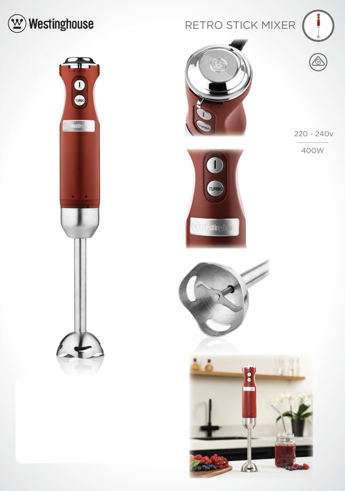 Westinghouse Retro Series New House Kitchen Corded Handheld Blender - Red