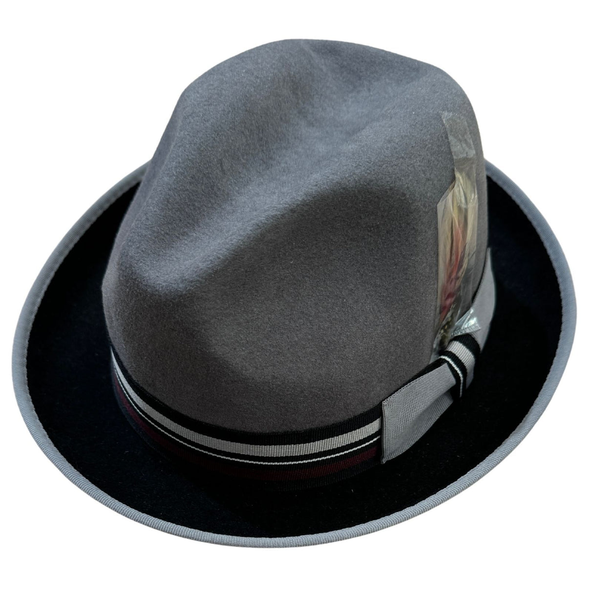 100% Wool Trilby Hat in Grey/Black with Feather