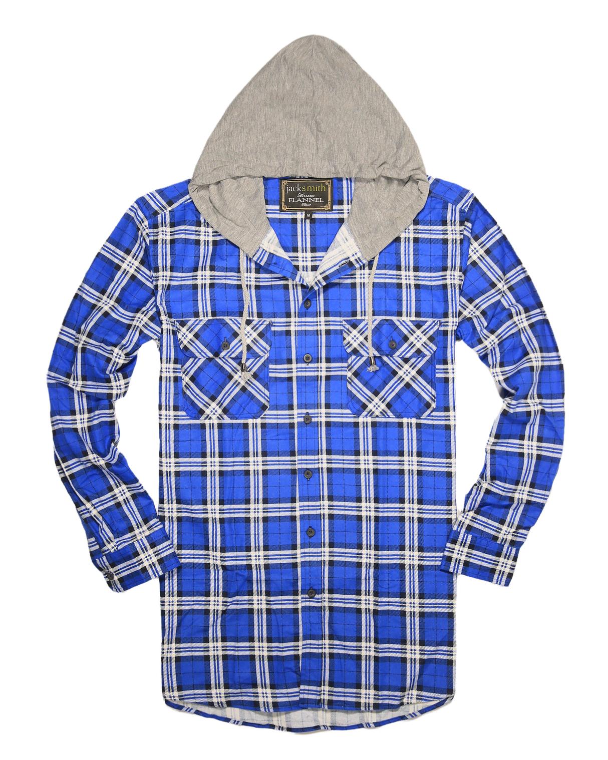 Mens Cotton Flannelette Shirt w Jersey Hood Long Sleeve Flannel - Spanish Blue