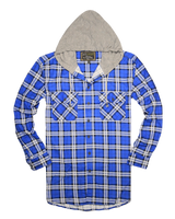 Mens Cotton Flannelette Shirt w Jersey Hood Long Sleeve Flannel - Spanish Blue