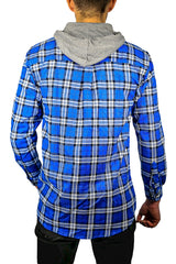 Mens Cotton Flannelette Shirt w Jersey Hood Long Sleeve Flannel - Spanish Blue