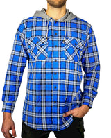 Mens Cotton Flannelette Shirt w Jersey Hood Long Sleeve Flannel - Spanish Blue