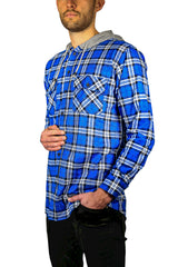 Mens Cotton Flannelette Shirt w Jersey Hood Long Sleeve Flannel - Spanish Blue