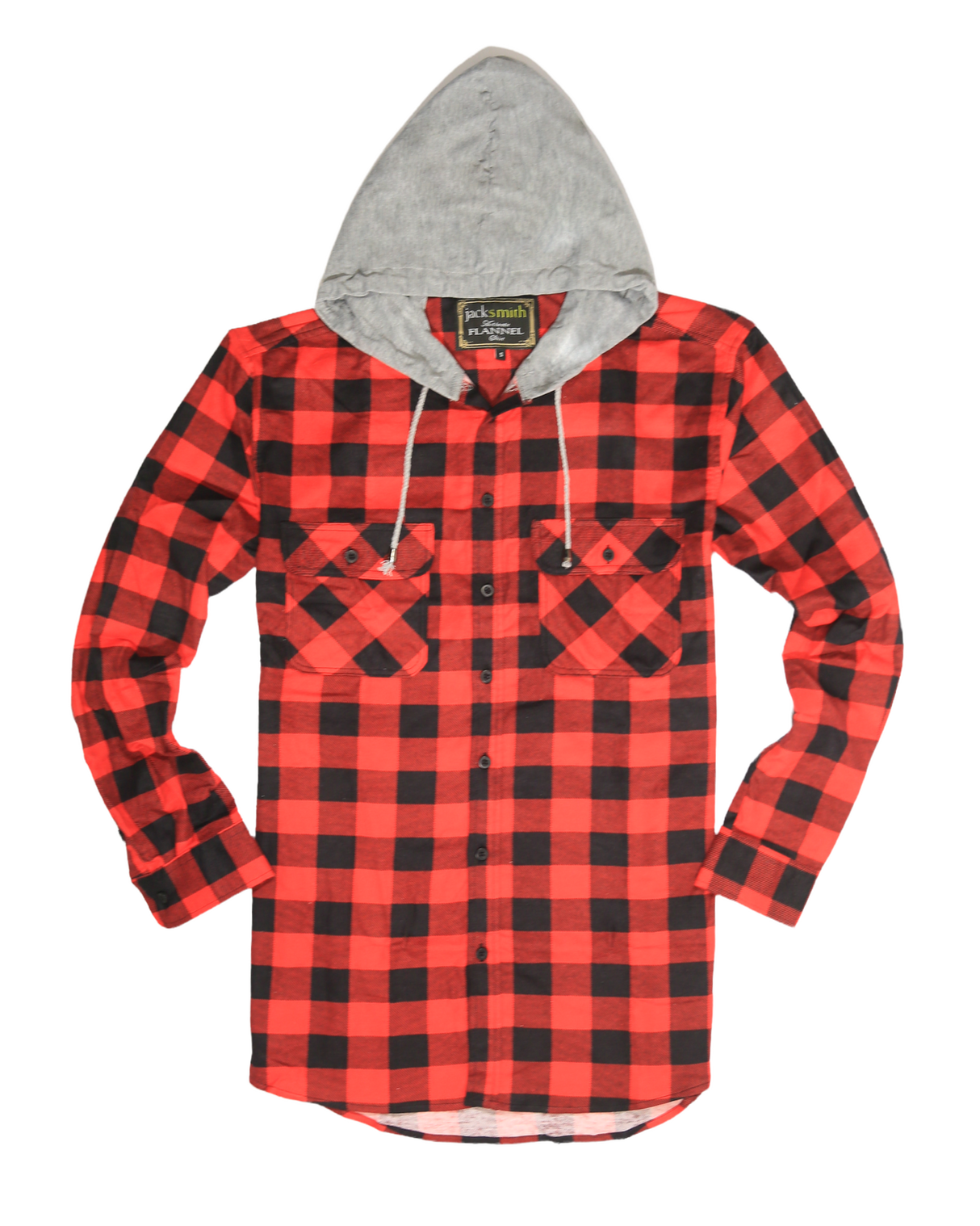 Mens Cotton Flannelette Shirt w Jersey Hood Long Sleeve Flannel - Red/Black