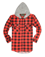 Mens Cotton Flannelette Shirt w Jersey Hood Long Sleeve Flannel - Red/Black