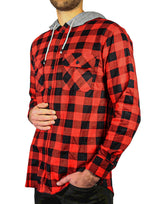 Mens Cotton Flannelette Shirt w Jersey Hood Long Sleeve Flannel - Red/Black