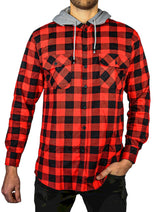 Mens Cotton Flannelette Shirt w Jersey Hood Long Sleeve Flannel - Red/Black