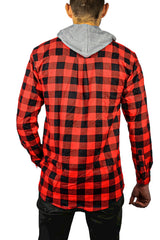 Mens Cotton Flannelette Shirt w Jersey Hood Long Sleeve Flannel - Red/Black