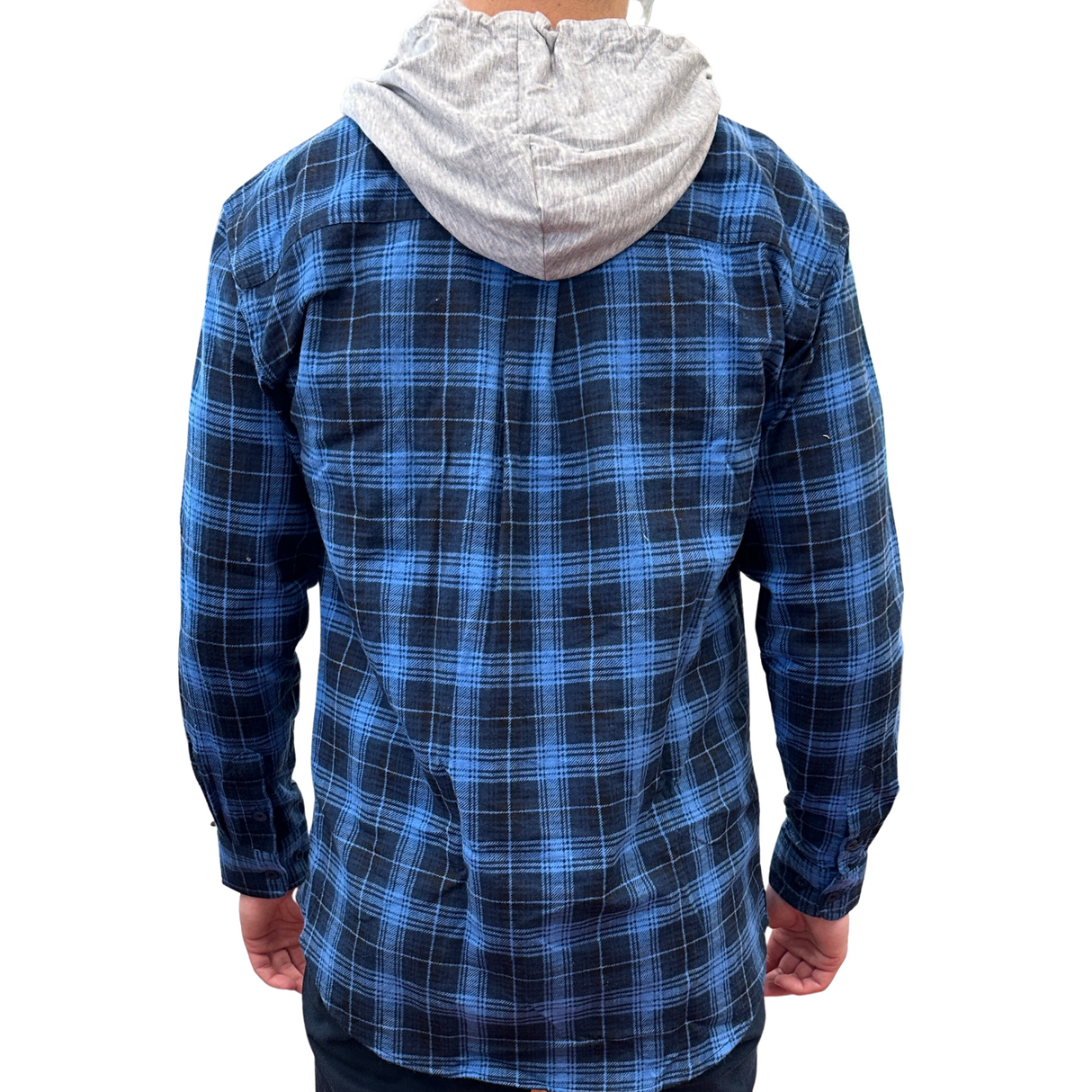 Mens Cotton Flannelette Shirt w Jersey Hood Long Sleeve Flannel - Blue