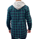 Mens Cotton Flannelette Shirt w Jersey Hood Long Sleeve Flannel - Green