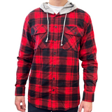 Mens Cotton Flannelette Shirt w Jersey Hood Long Sleeve Flannel - Red