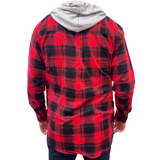 Mens Cotton Flannelette Shirt w Jersey Hood Long Sleeve Flannel - Red