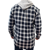 Mens Cotton Flannelette Shirt w Jersey Hood Long Sleeve Flannel - Black