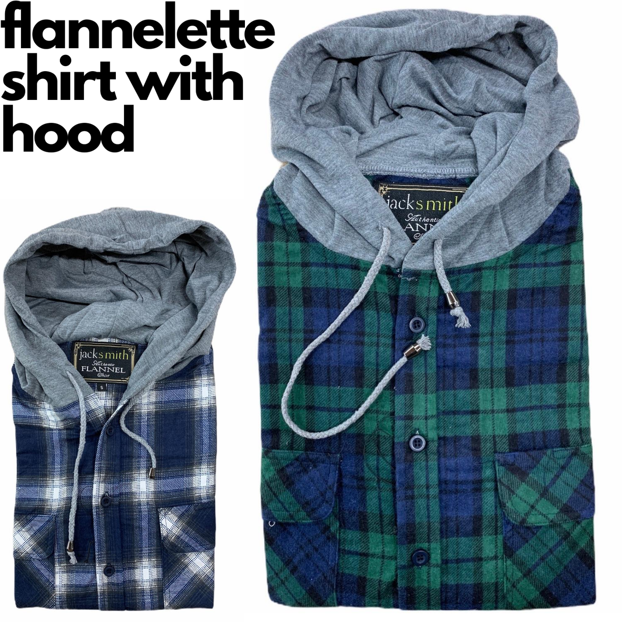 Mens Cotton Flannelette Shirt w Jersey Hood Long Sleeve Flannel